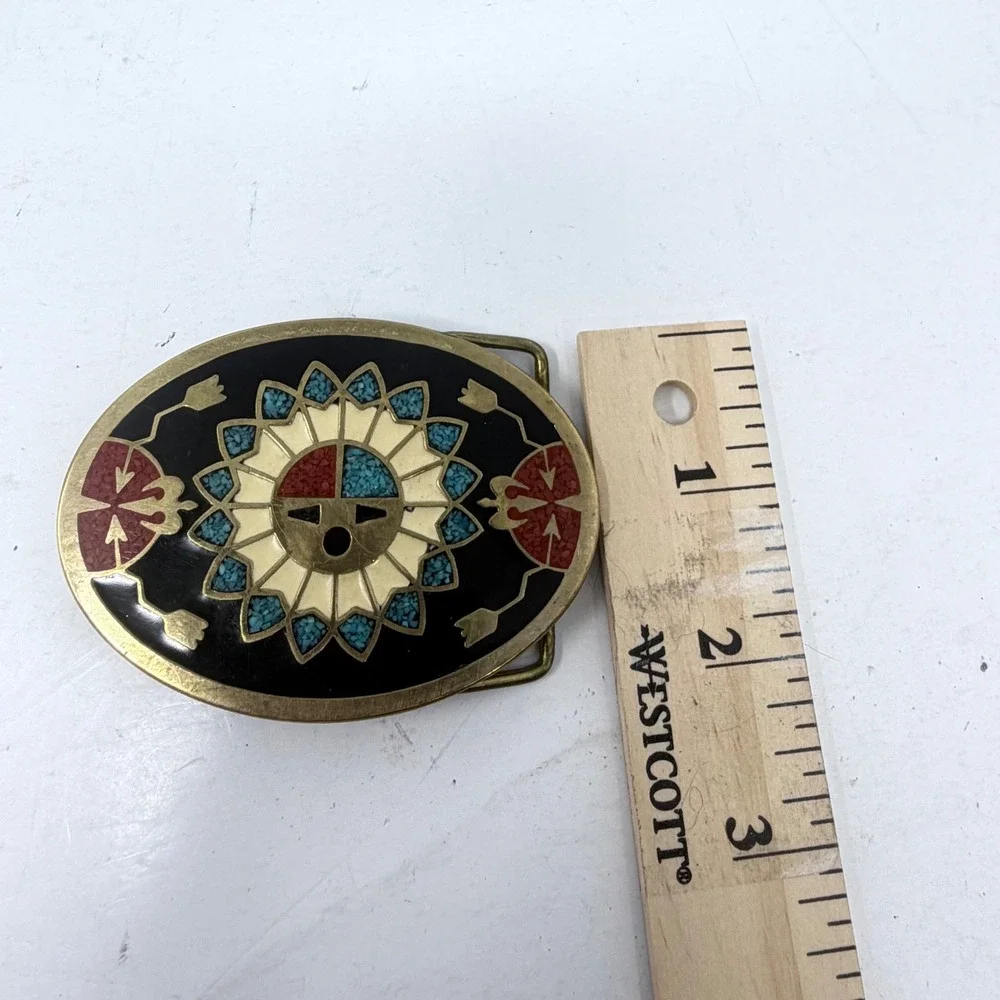 Vtg 1983 SSI Zuni Sunface Belt Buckle Brass Enamel Inlay Southwestern Boho